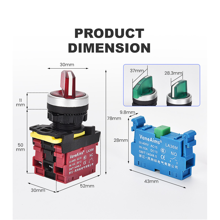 22mm LA36M Rotary Switch with LED Light 12V 24V 220V Knob Selector 2 position 3 Position Start Stop 