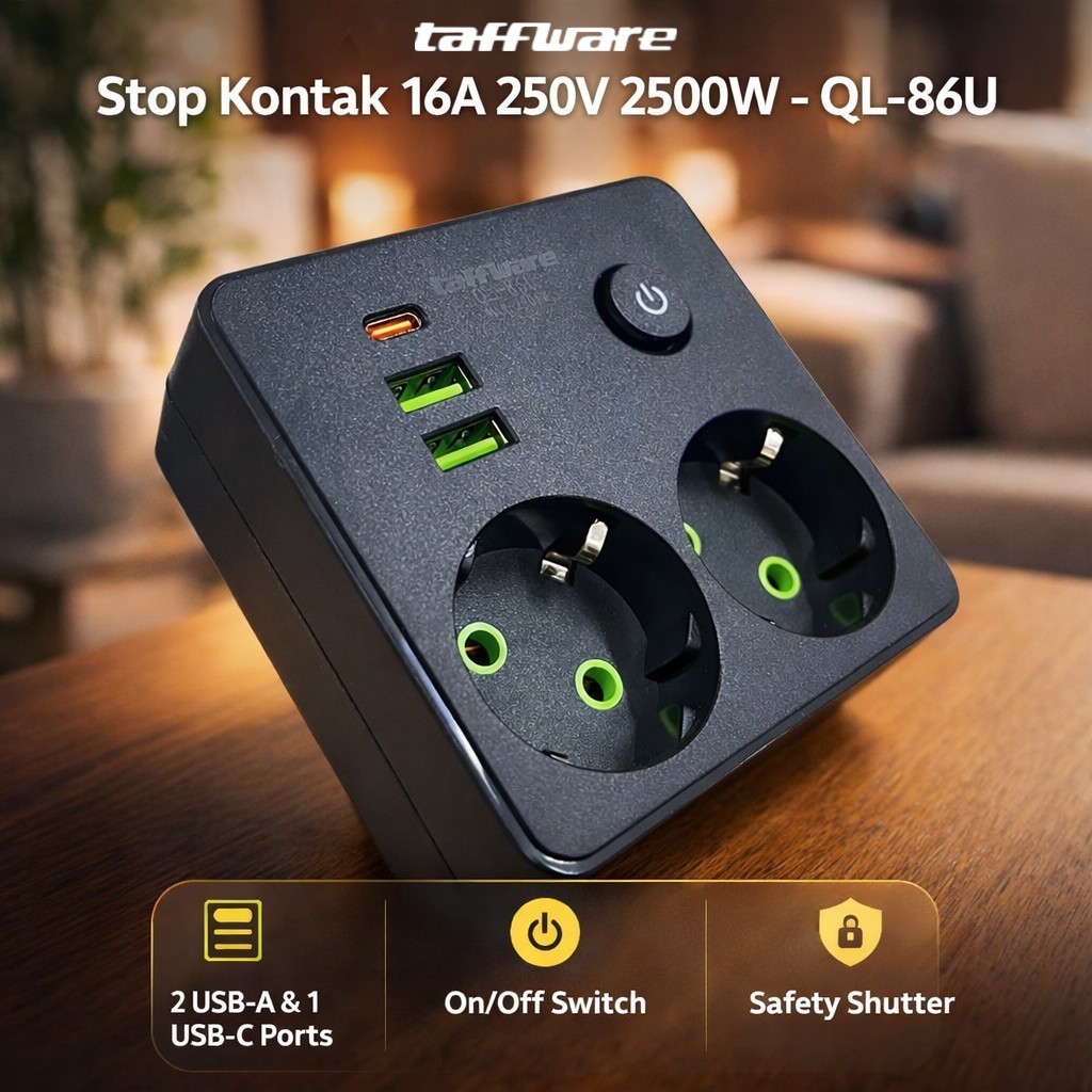 Stopkontak USB Multifungsi 2 Lubang + 2 USB-A 1 Type-C Charger