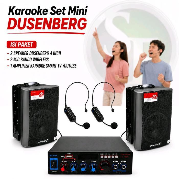 Paket Karaoke Set Mini DUSENBERG 4 Inch – 2 Mic Bando Wireless & Amplifier Bluetooth