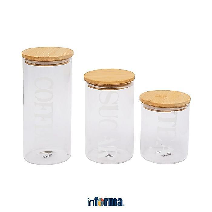 Informa Set 3 Pcs Tanya Stoples Kaca Wadah Penyimpanan Bumbu Dapur Gula Pasir Kopi Bubuk Tempat Teh