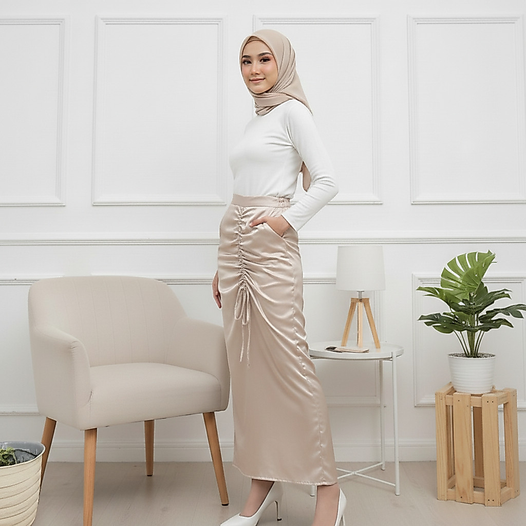 Delova Wardrobe - ROK SERUT SATIN Silk Polos Model Span Panjang Modern Kekinian Premium Maxi Wrap Skirt Bawahan Wanita Untuk Kebaya Myrtle Ruched Duyung Mermaid Long Korean Look Qila Elsire Hanna Kalla Samping Velvet Kondangan A Line Flar