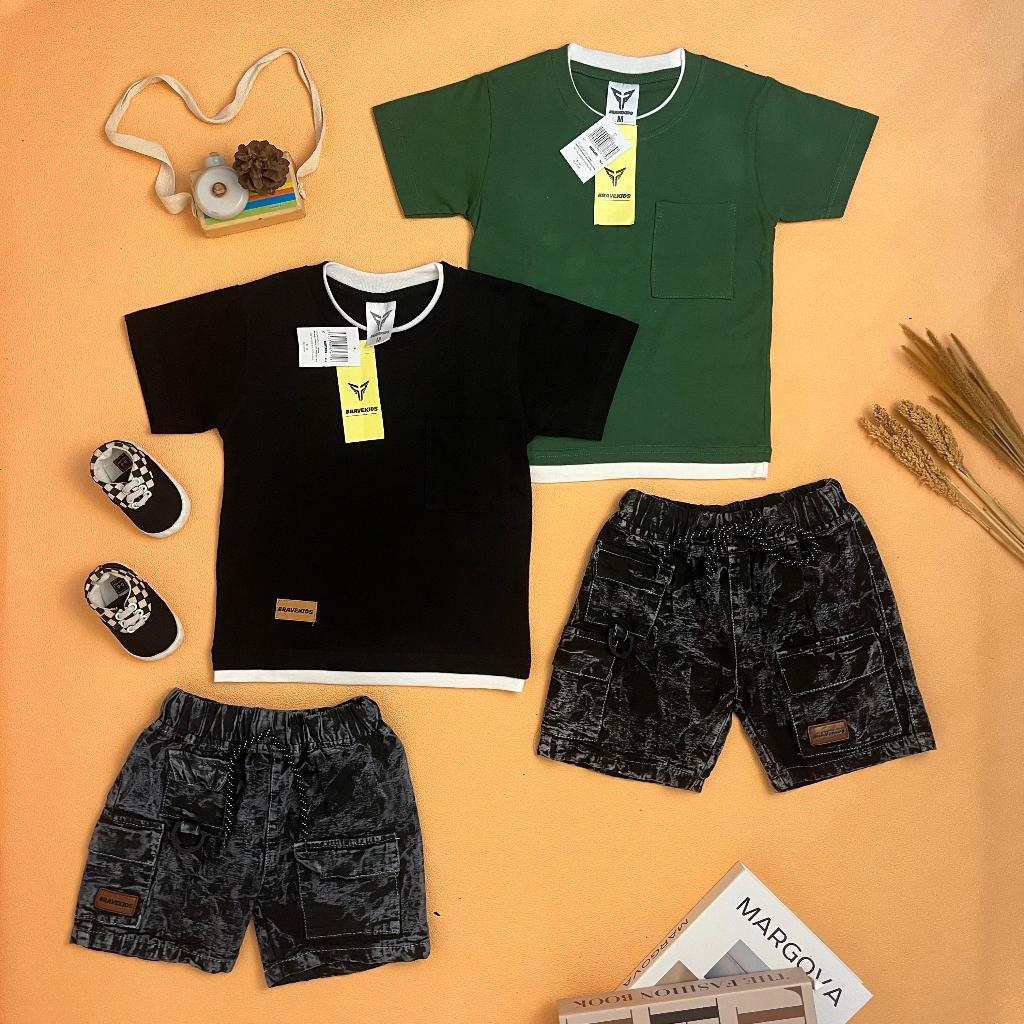 BRAVEKIDS FASHION TWO LAYER SETELAN JEANS ANAK UMUR 1-5 TAHUN - T SHIRT KATUNN 24s & CELANA UNION DR