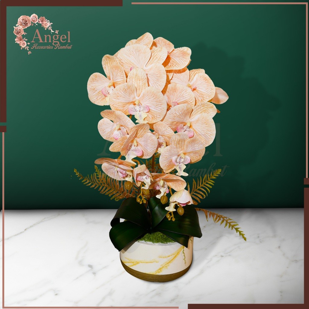 PROMORangkaian Anggrek Latex Artificial Pot Keramik | Bunga Tiruan Premium Hiasan Meja Estetik | Ran