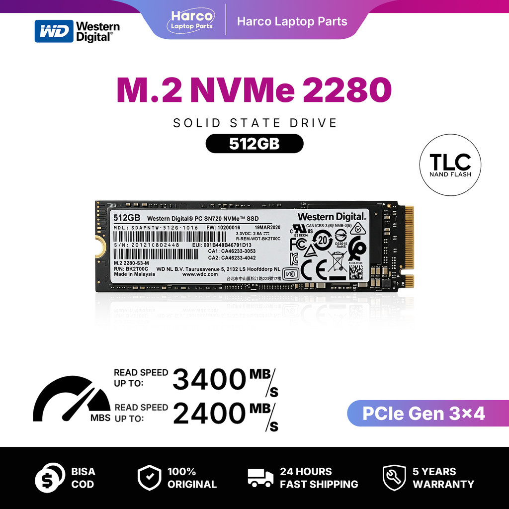 SSD NVMe Western Digital SN730 M.2 2280 512GB/1TB 3400MB/s Garansi 3D NAND TLC Kualitas Premium