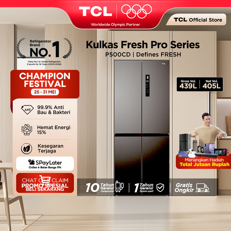 TCL Kulkas 4 Pintu - Kapasitas 439L - Twin Eco Inverter - Kulkas Ice Maker - Tanpa Bunga Es - Lemari