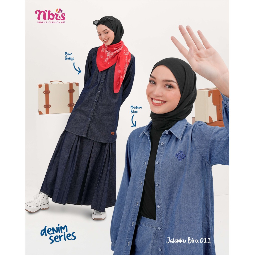 Nibras Jalanku Biru 011 Tunik Wanita Denim Medium Blue Indigo Kerah Kemeja OOTD Kuliah Kerja Casual