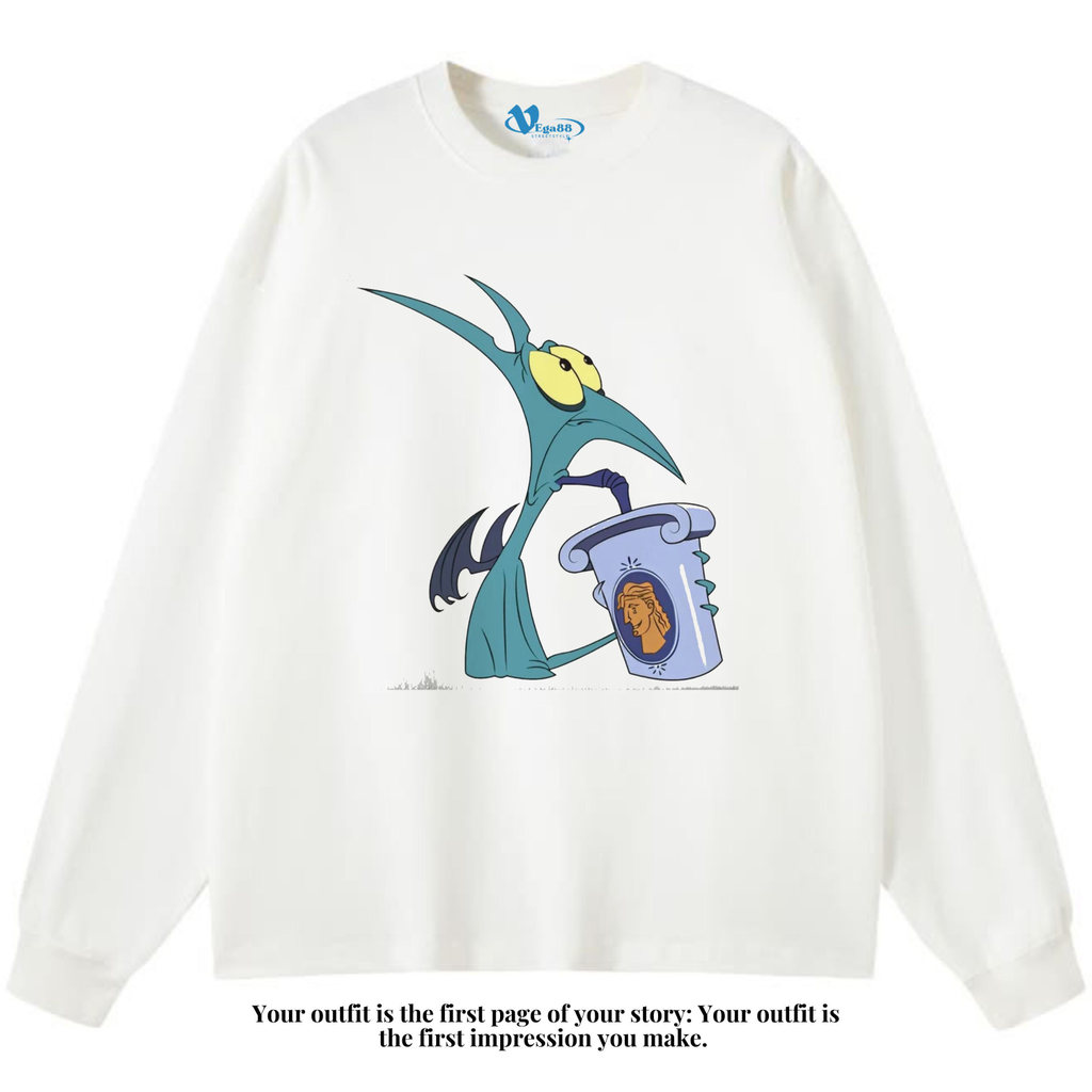 VEGA88 *disney hercules panic drinking soda* Kaos oversize longsleeve | t-shirt oversized | white t-