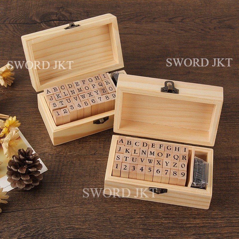 Set Stempel Huruf Alfabet Angka Kayu Karet Rubber Stamp Set Dengan Bantalan Tinta Wooden Stamp Alpha