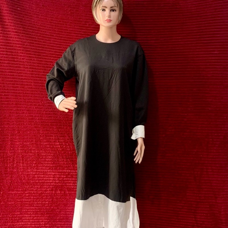 KOREAN STYLE  SIMPLE DRESS WANITA HITAM MIX PUTIH | CASUAL ELEGANT LENGAN PANJANG KEKINIAN | DRESS K