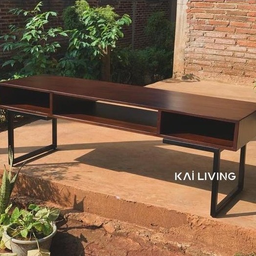 tv cabinet gaya industrial minimalis besi stainless kayu jati finishing kabinet tv premium cabinet d