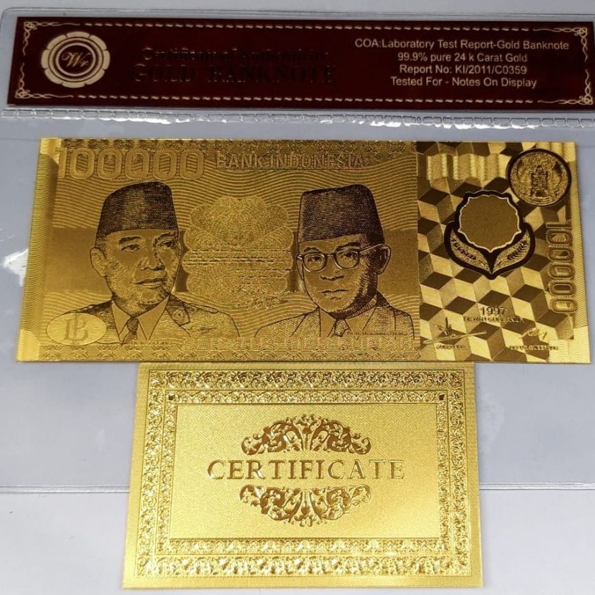 Uang souvenir gold foil bergambar 100.000 soekarno hatta polymer 1997 Garuda dalam lingkaran soufeni