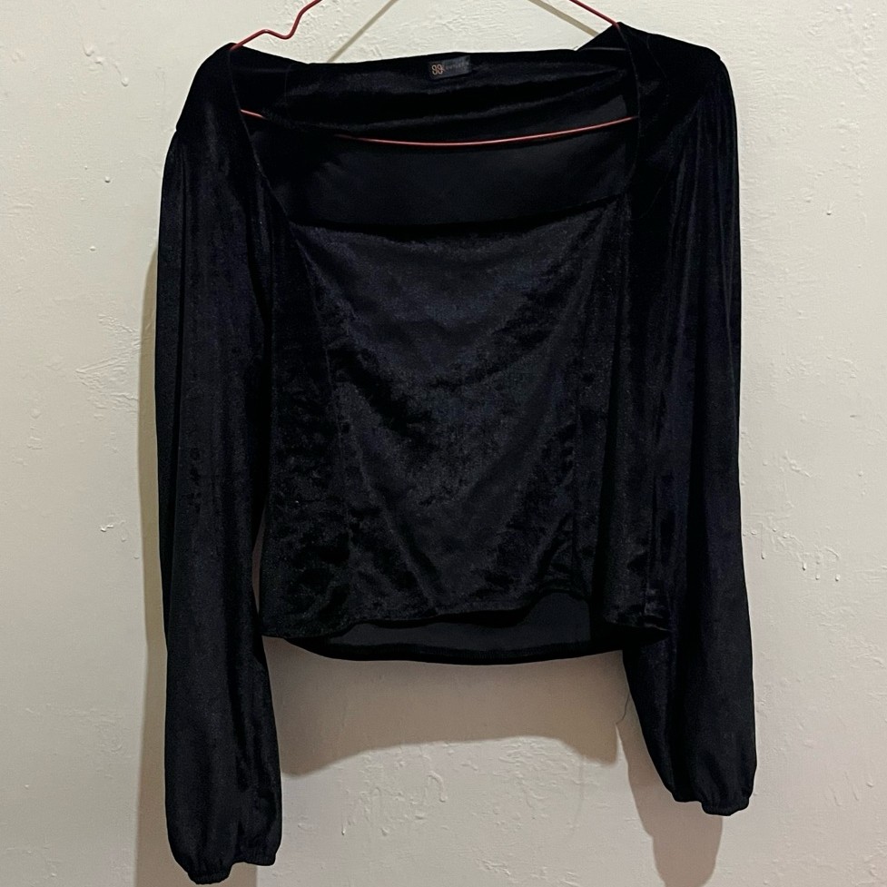 Elegant Square Neck Long Puff Sleeve Velvet Top Blouse