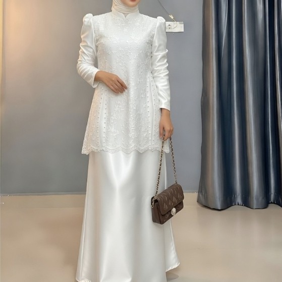 Baju Lebaran Putih Model Brokat 2026 Terbaru Gamis Rania Dress Pesta Brokat Aplikasi Mutiara  Mewah 