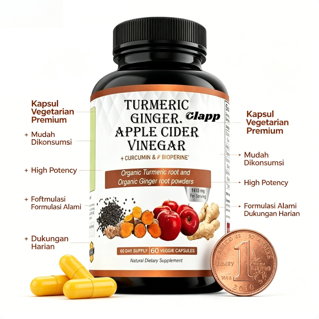Clapp Turmeric Ginger Apple Cider Vinegar + Curcumin & BioPerine 60 Kapsul Vegetarian CO3460