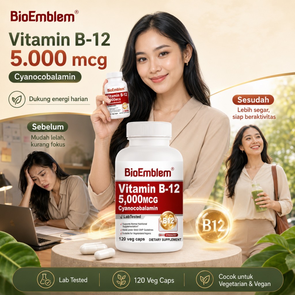 BioEmblem B12 5000MCG Cyanocobalamin, 120 Kapsul Vegan, Vitamin Saraf Energi, Aktivitas Padat, Bantu