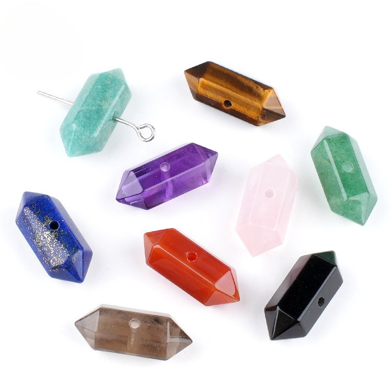 Kristal alam 8 * 21mm kolom heksagonal runcing ganda lubang sedang batu heksagonal semi mulia DIY li