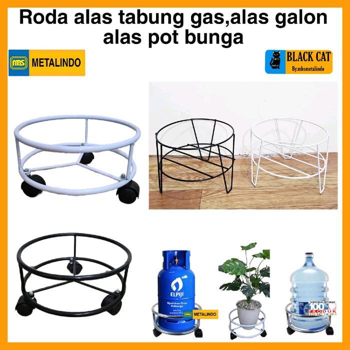Alas roda tabung gas mbs rak tabung gas rak pot bunga roda galon besi anti karat - hitam, Roda tabun
