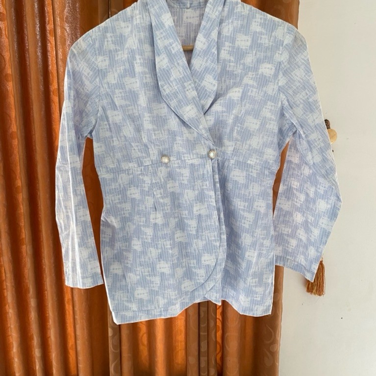 Blazer Outer Wanita Biru Pastel Katun Jepang Custom Handmade Baru