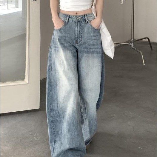 LULU Jeans Premium High waist Biru Kain bergaris vertikal fashion jeans wanita baggy baggy Jeans Kor