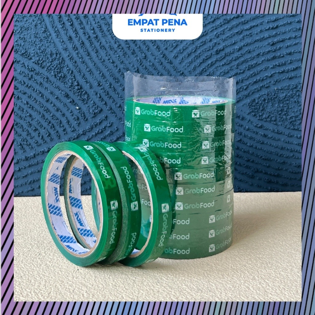 Berkualitas! Solasi GrabFood 12mm x 50 Yard 1 Slop Isi 12 Roll Lakban Grab Food Segel Makanan Kanton