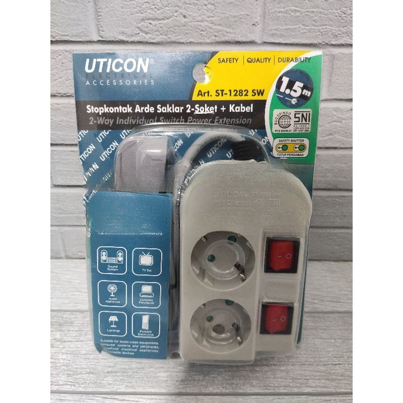UTICON ST-1282 SW Stop kontak arde saklar 2-soket kabel 2 LUBANG ST-1282-SW ST-1282SW stopkontak Kua