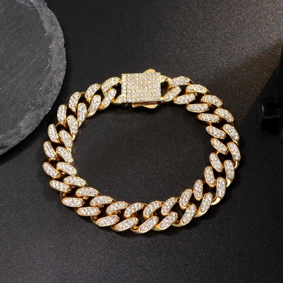 Gelang Rantai Kuba Mewah Bertabur Batu Kristal untuk Pria Wanita, Gelang Tangan Warna Emas dengan Ba