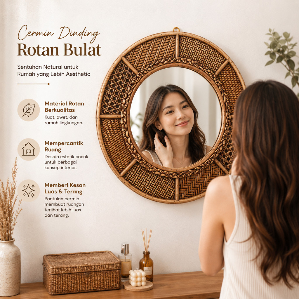 Cermin Rotan Handmade Natural Hiasan Dinding Aesthetic / Anyaman Rattan Premium Dekorasi Rumah Minim