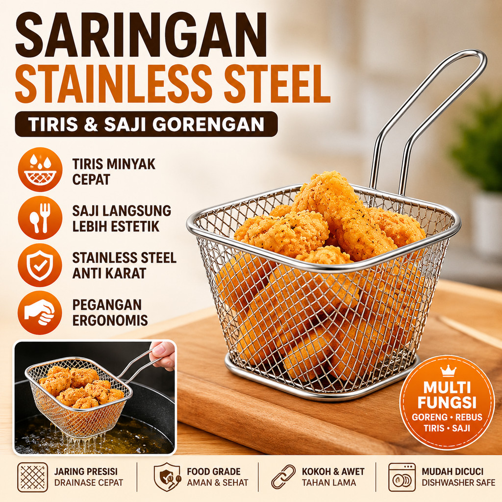 Saringan Gorengan Stainless Steel Tirisan Minyak Kentang Goreng Wadah Saji Unik Cafe Keranjang Goren