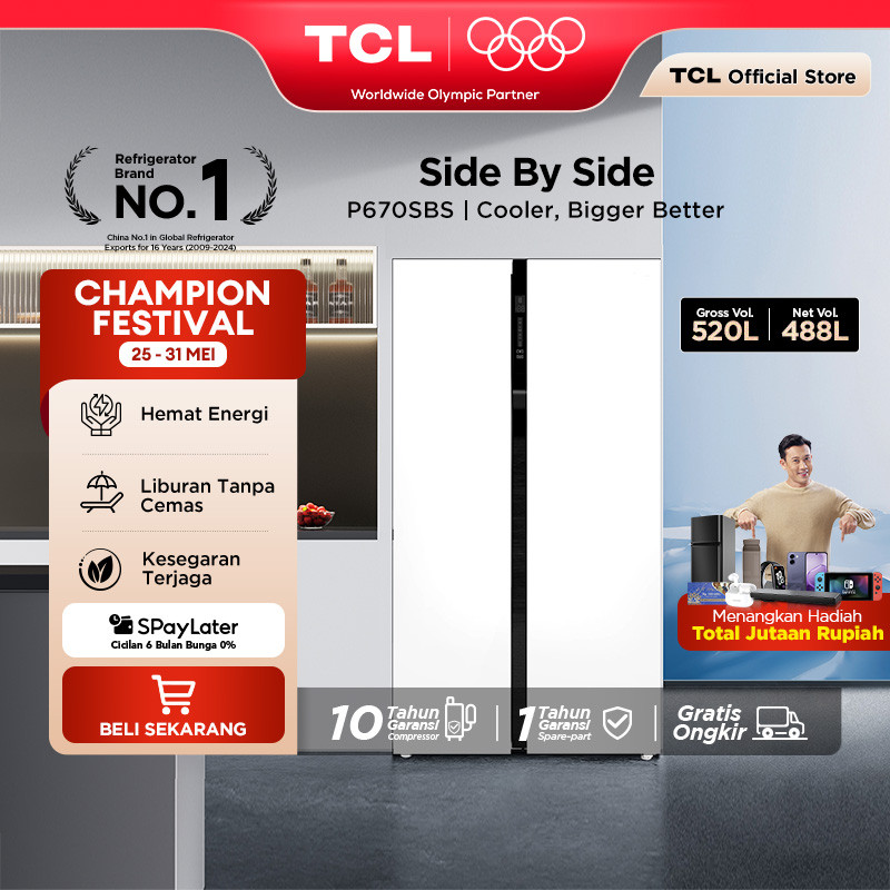 TCL Kulkas 2 Pintu Side by Side - Kapasitas 520L - Holiday Mode - Twin Eco Inverter - AAT Gen 2 Natu