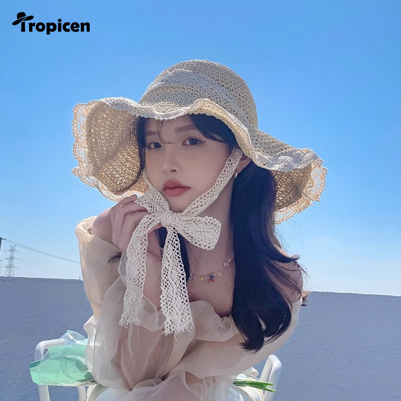 COD Lace-up Lace Edge Straw Hat Sweet Style Summer Sun Hat Beach Sun Hat