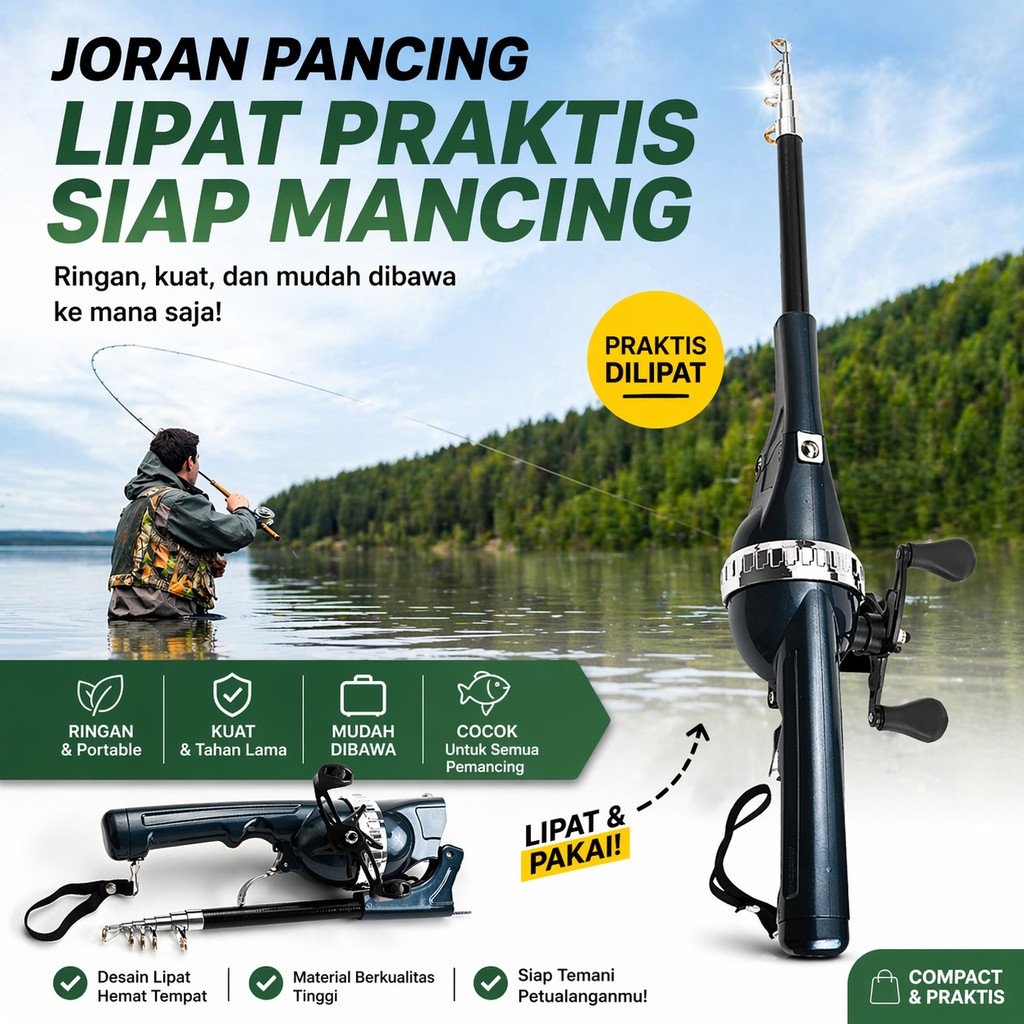 COD Joran Pancing Spinning Model Antena Lipat Telescopic Portable Panjang 120 cm Dengan Reel Pancing