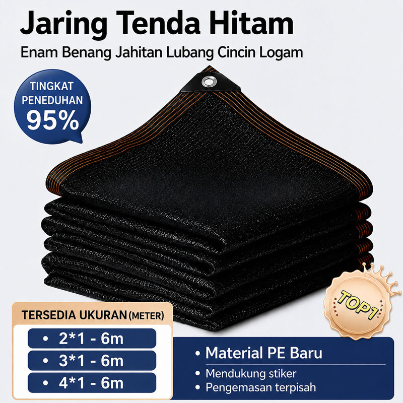 Jaring Paranet Hitam 95% Pelindung Sinar Matahari Tahan UV untuk Kanopi Kebun dan Carport