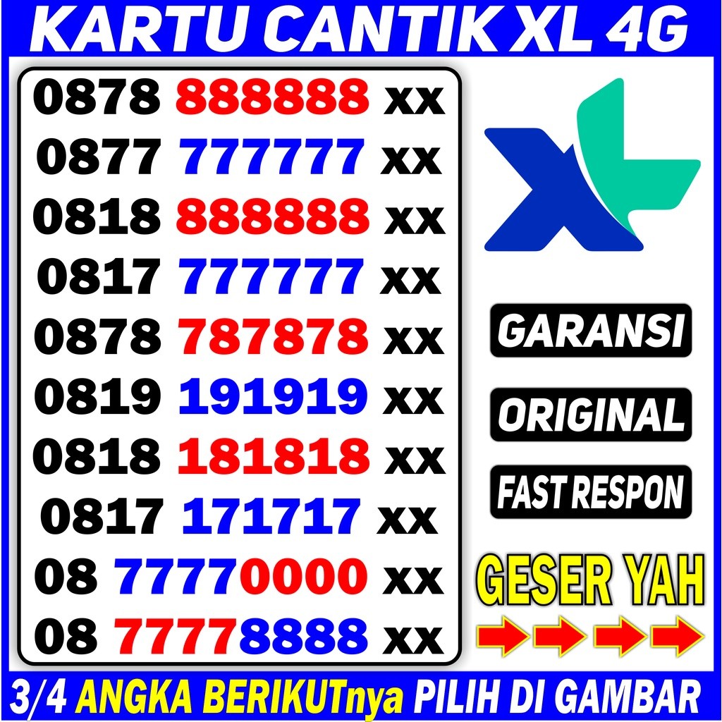 Kartu Perdana Nomor Cantik XL KODE 1000 - Nomor Cantik XL 4g - Nomer Cantik XL 7777 8888 - No XL Can