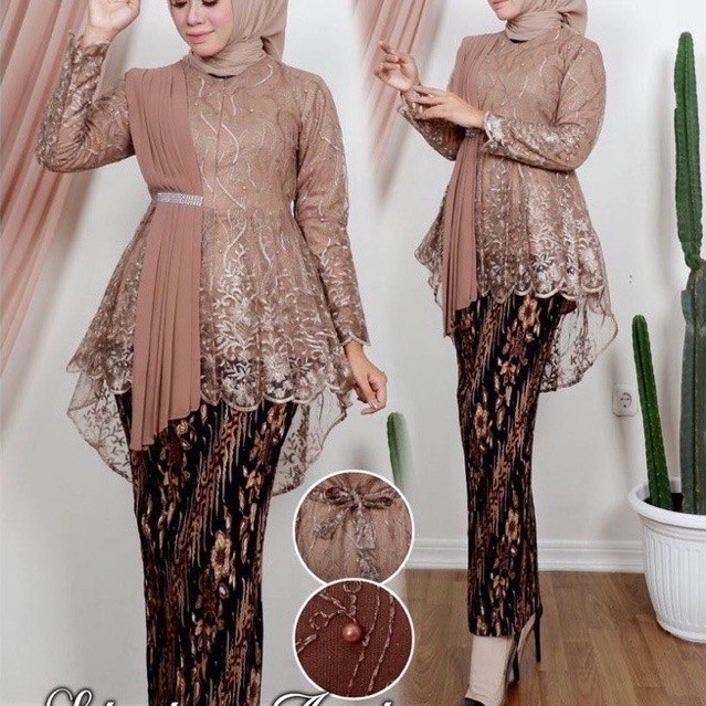 Set kebaya blouse tile dan rok plisket modern, tersedia ukuran M hingga XXL, cocok untuk kondangan d