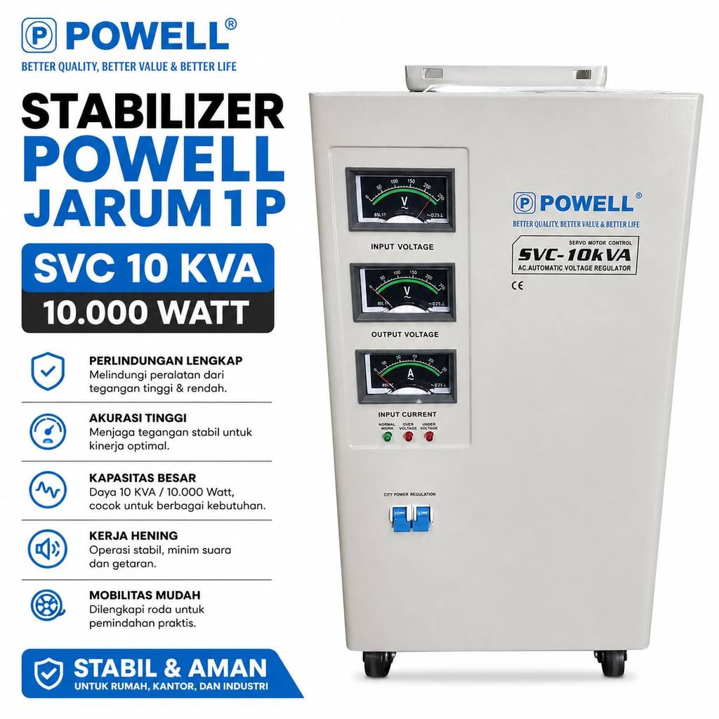 STABILIZER POWELL SVC 10 KVA SVC10KVA STABILSER JARUM 1 P 10.000W DENGAN RODA