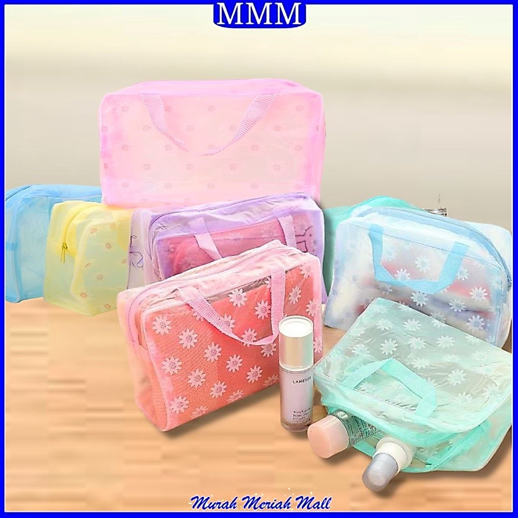 MMM Tas Plastik Transparant Anti Air Motif Bunga Daisy Pouch Make Up Waterproof Travelling Bag Tas K