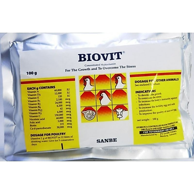 (SANBE) Biovit 100 gram Vitamin Penggemuk Ayam Potong - Multivitamin Dosis Tinggi Hewan, DOC (Ayam),
