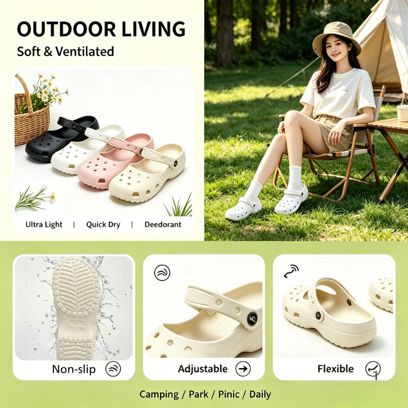 Sepatu Clog Mary Jane Wanita Slip On Loafer Style Flat Shoes Santai Bahan EVA Lembut Anti Slip Tahan