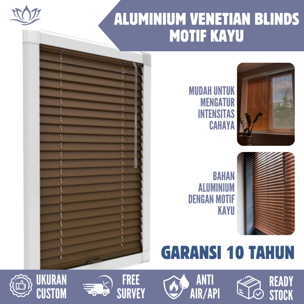 Krei Horizontal Blind / Venetian Blind Aluminium Motif Kayu Custom – Tirai Jendela Minimalis Modern 