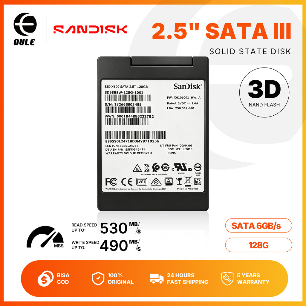 SSD SanDisk X600 128GB/256GB/512GB SATA III 2.5 Inch 530MB/s Tahan Lama Garansi 3D NAND TLC untuk La