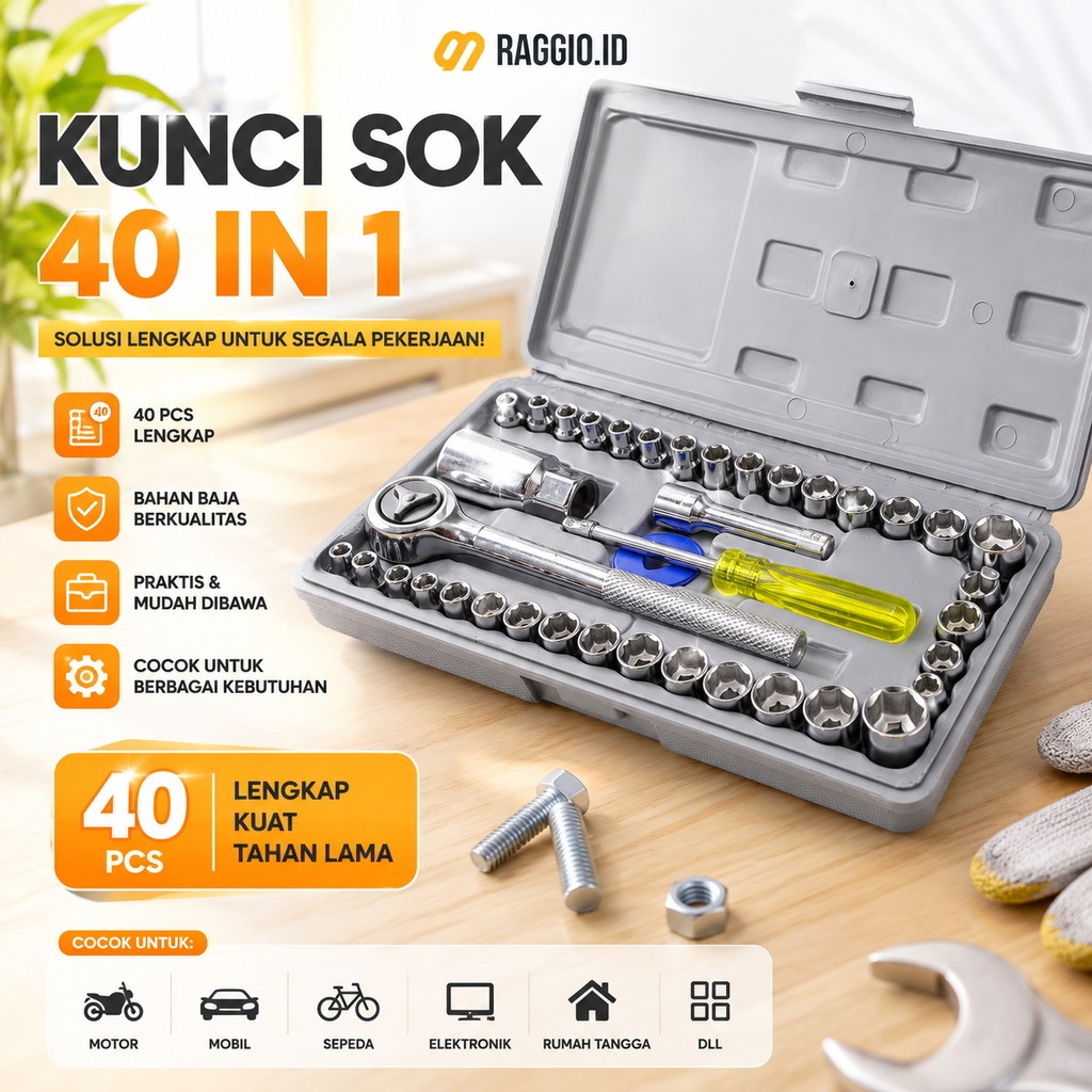 Set Kunci Sok Kombinasi 40pcs – Alat Bengkel Komplit | Kunci Serbaguna Otomotif