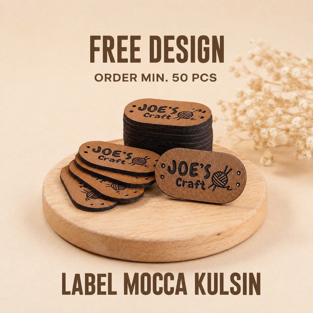 [MIN 50pcs] Label Kulit Sintetis Kulsin Custom Rebranding dompet, rajut, tas, pakaian Warna MOCCA [H