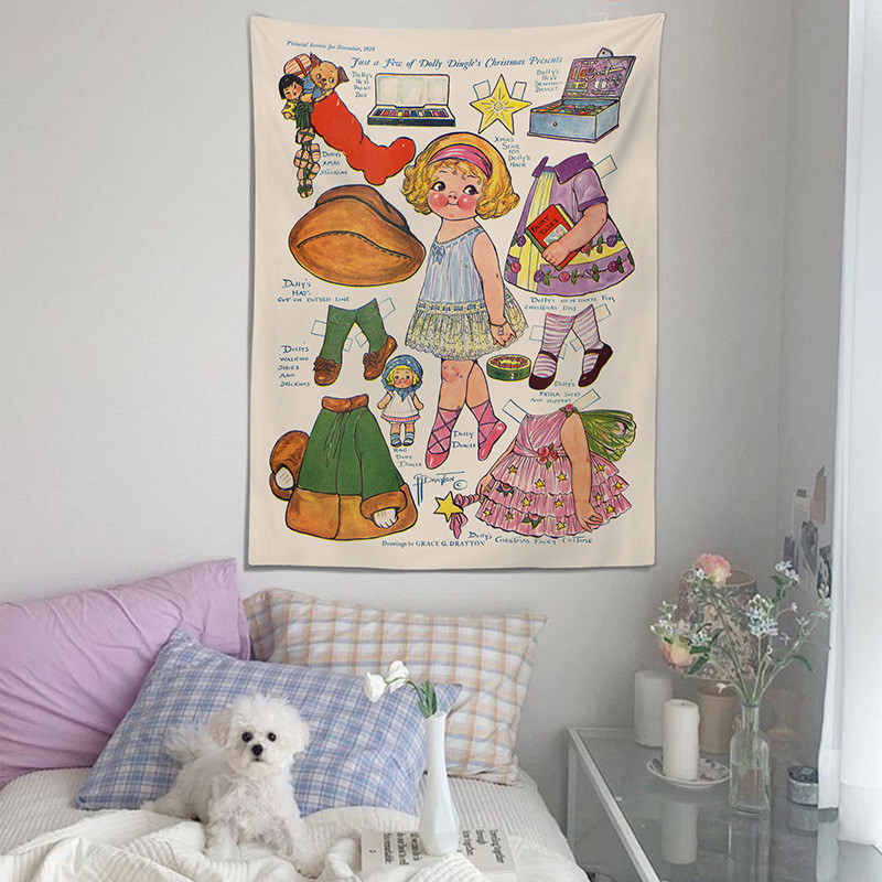 Hiasan Dinding Boneka Retro Kaleng Tomat - Gorden Kain Dekorasi Kamar Kost & Asrama, Tapestry Aesthe