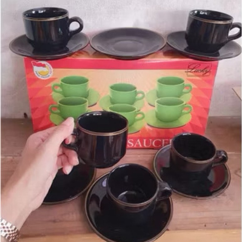 CANGKIR KERAMIK SET HITAM LIST GOLD