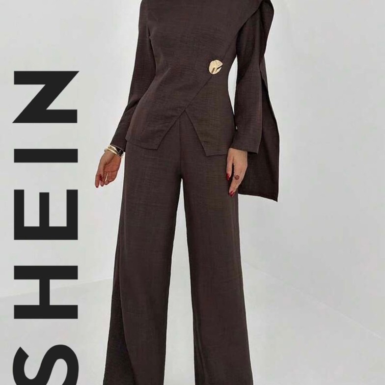SHEIN One Set Women's Solid Color Split Hem Long Sleeve Top And Pants Elegant 2 Pieces Set(Blouse an