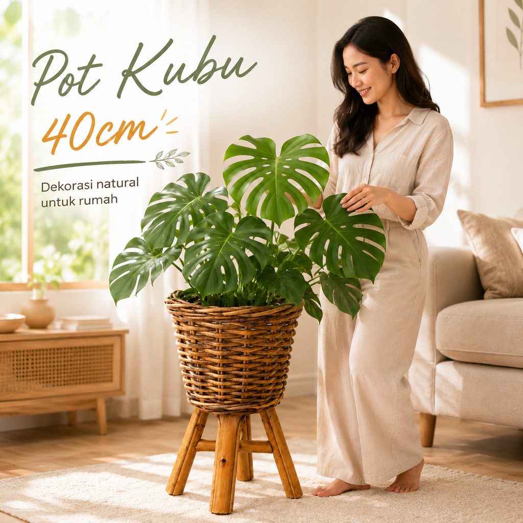 Pot Kubu Pot Rotan Kaki Tinggi untuk Tanaman Indoor Natural