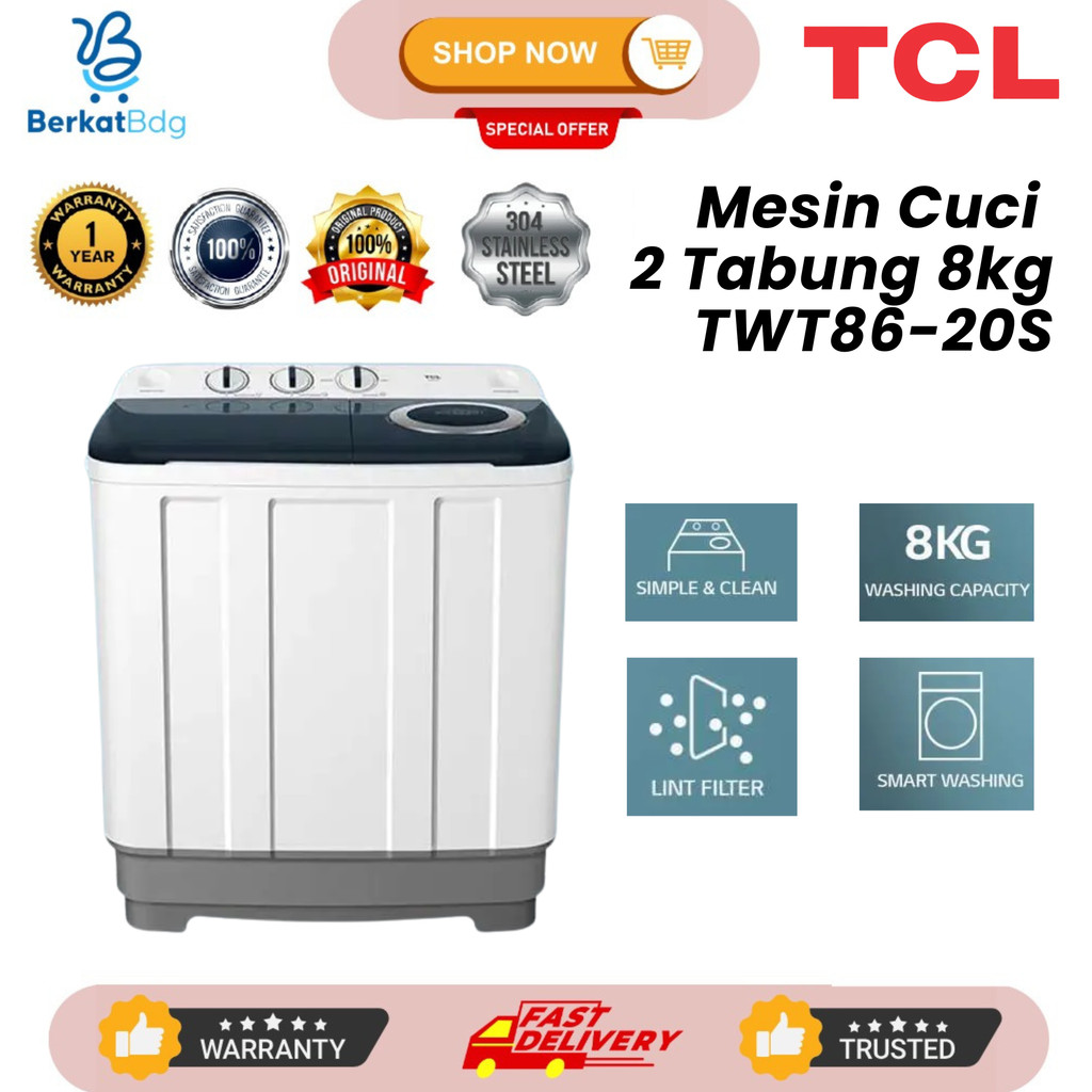 TCL Mesin Cuci 2 Tabung TWT86-20S - Twintub 8KG - Lint Filter - Anti Karat - Anti Tikus (Model: TWT8