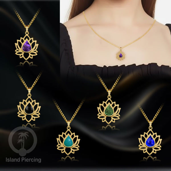 Perhiasan Kalung Liontin Stainless Teratai warna gold dengan Resin warna-warni, Lotus Steel Charm Ne