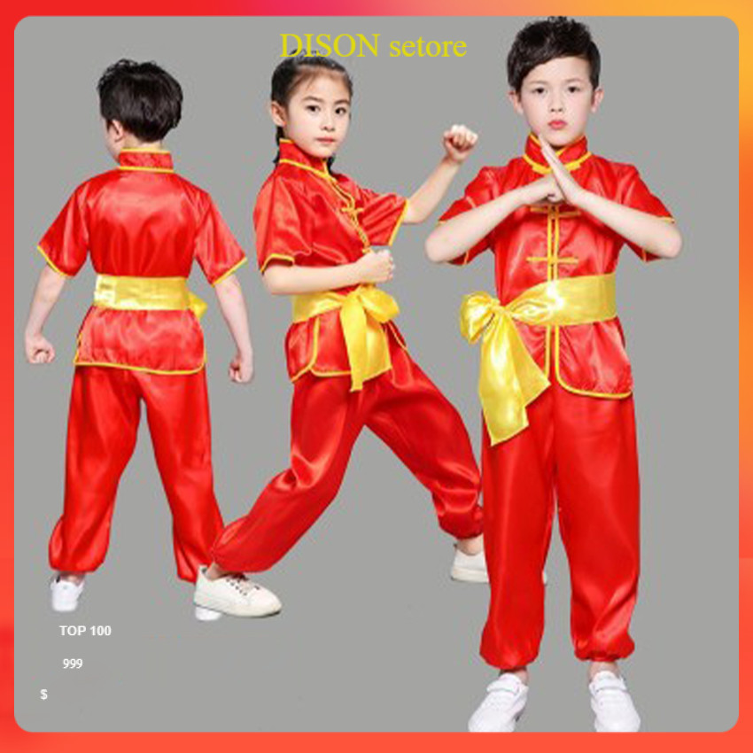 DISON Baju Kungfu Anak Lengan Pendek Kostum Baju Wushu Cina China Kostum Baju Taichi Kungfu Anak