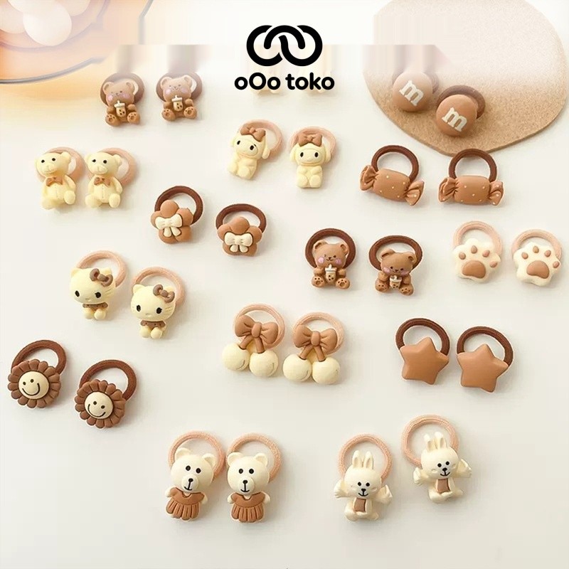oOo toko Set Ikat Rambut 10 Pcs Karakter Beruang 3D Motif Coklat untuk Anak dan Remaja Sehari Hari S